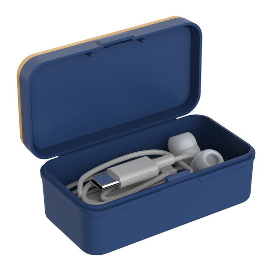 A navy blue case containing white Type-C earbuds and a charging cable. The case is open, displaying the contents.