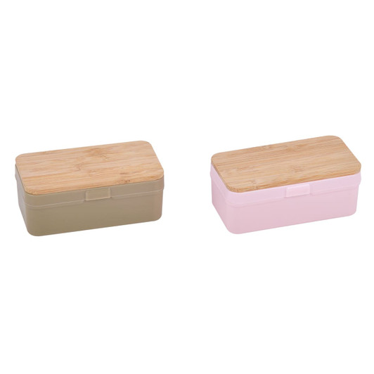Two storage containers in olive green and light pink, each with a wooden lid.