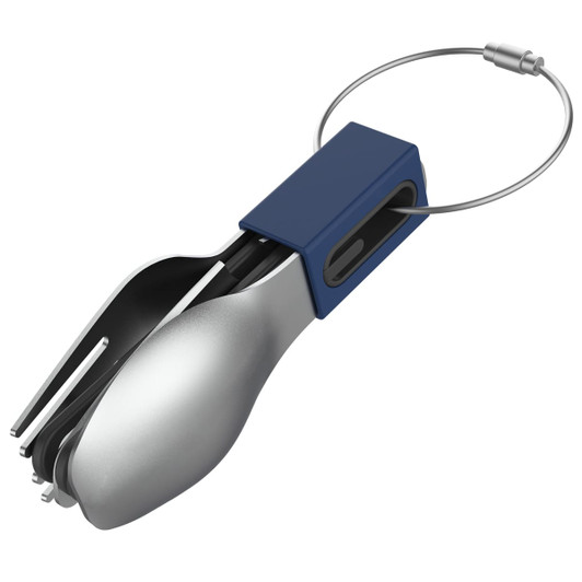 A compact cutlery set with a silver fork and spoon, secured with a blue holder and metal keyring.