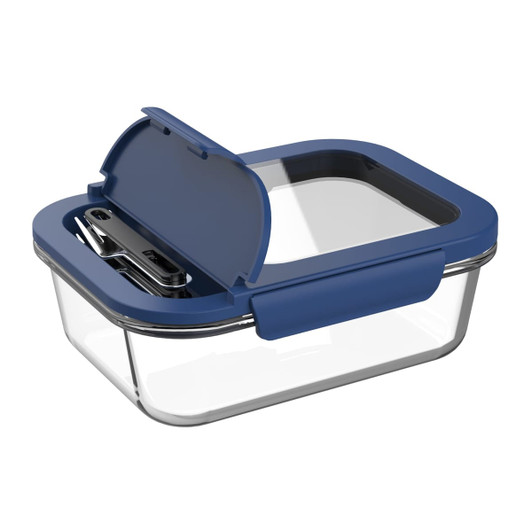 A glass lunch box with a blue lid and a clear body, featuring a plastic sealing mechanism.