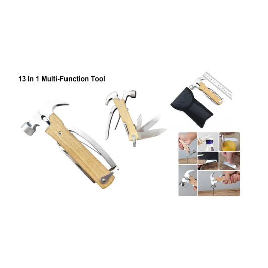 A multi-function tool featuring a wooden handle and metal components, including a hammer, knife, and ruler.