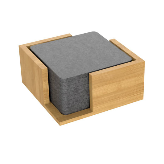 A set of grey felt coasters neatly stacked in a wooden holder, featuring a simple and modern design.