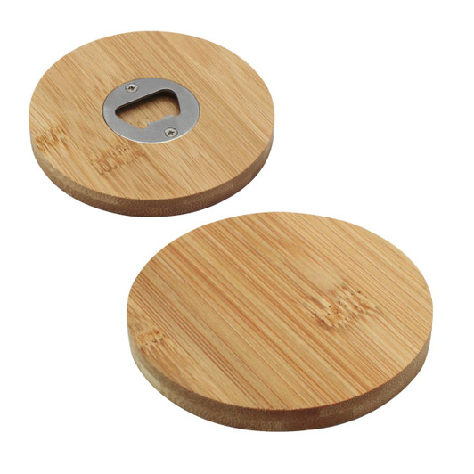 A drink bottle opener coaster made of bamboo, featuring a circular design with a stainless steel opener.