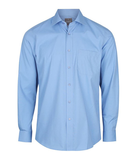 A light blue button-up shirt with a single chest pocket and a collar, featuring a brand logo on the tag.