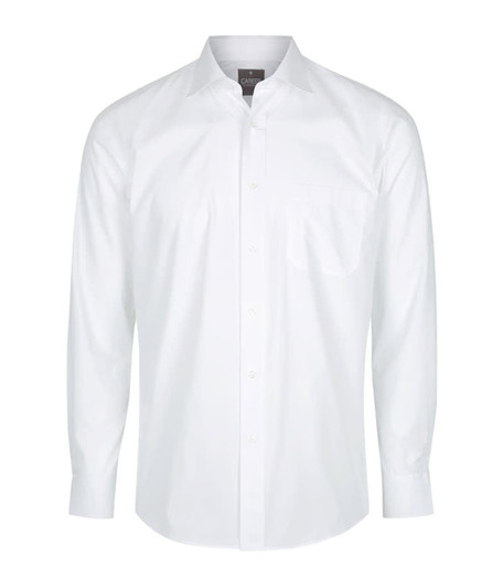 A white button-up shirt featuring a chest pocket and long sleeves, with a logo on the label.