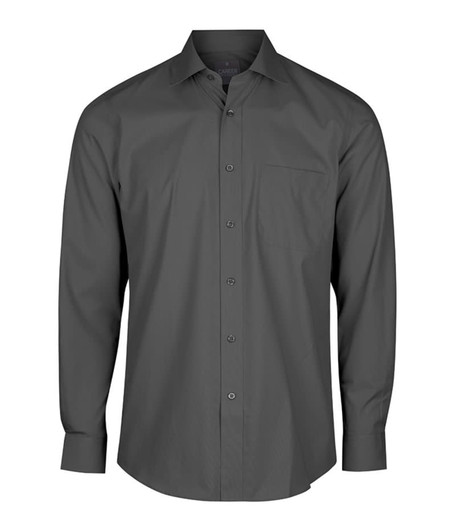 A long-sleeved, button-up shirt in dark grey with a single chest pocket and a branded label.