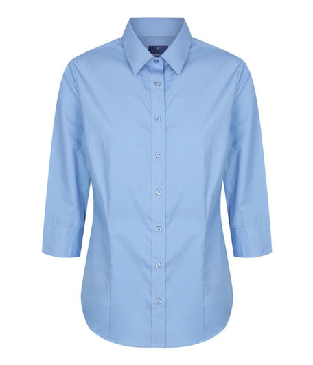 A light blue button-up shirt with a classic collar and three-quarter sleeves, featuring a logo.
