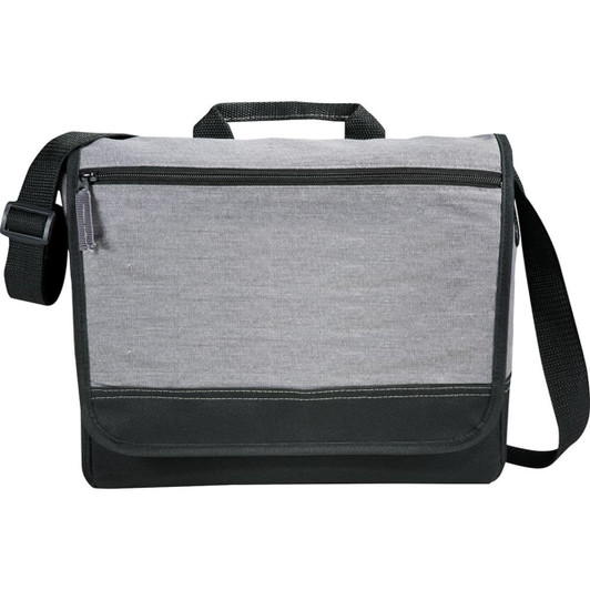 A grey and black messenger bag with a shoulder strap, featuring a front zipper pocket and a flap closure.