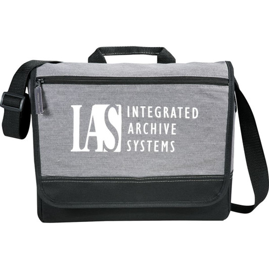 A grey and black messenger bag with a shoulder strap and a logo on the front. It features a flap closure.
