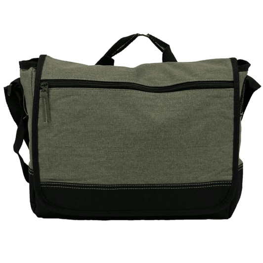 A faded tablet messenger bag in olive green and black, featuring a zippered pocket and adjustable strap.