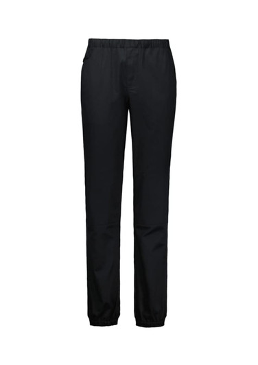 Black jogger pants with an elastic waistband and cuffs, designed for women's chefwear. Features a logo.