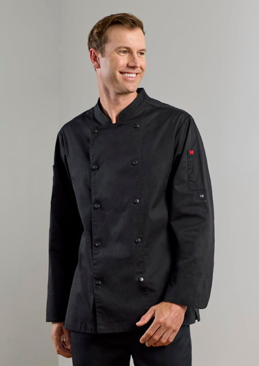 A black long sleeve chef jacket featuring a double-breasted design and a logo on the sleeve.