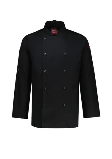 A black long sleeve chef jacket with a button-up front and a logo on the sleeve.