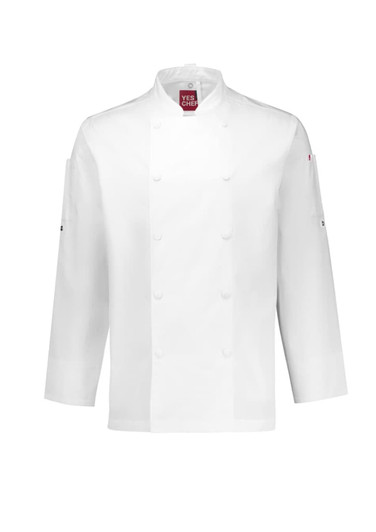 A white long sleeve chef jacket featuring a logo, designed for chef uniforms.