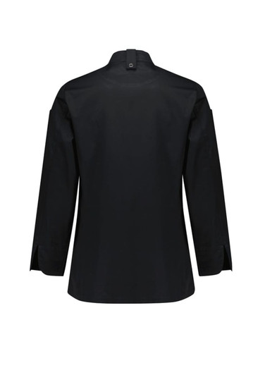 A black women's long sleeve chef jacket featuring a standard collar and a back button detail, with a logo present.