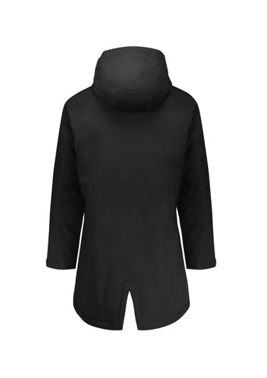 A black unisex sphere jacket featuring a hood and a back vent design, with a discreet logo on the fabric.