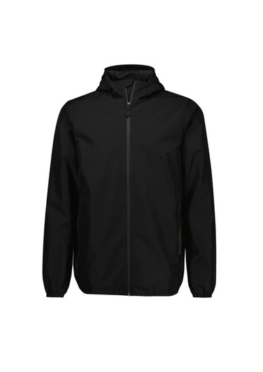 A black men's rain jacket with a hood, featuring a front zipper and side pockets. It has a logo on it.