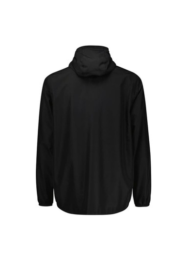 A black rain jacket with a hood, featuring a simple design and long sleeves, also has a logo on it.