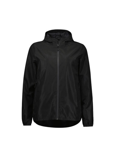 A black women's rain jacket featuring a hood, front zip, and side pockets. It has a minimalist design with a logo.