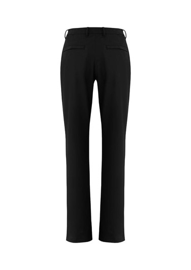 Black women's slacks with a straight-leg design and two back pockets, featuring a branding logo on the waistband.