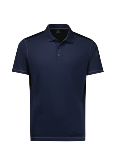 A navy short sleeve polo shirt with a logo on the chest and contrasting details. Suitable for casual wear.