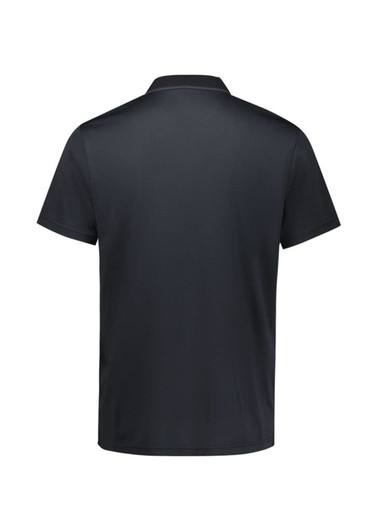 A black short sleeve polo shirt featuring a collar and a logo on the front.