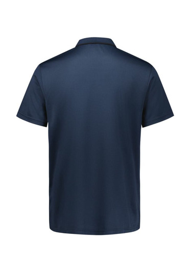 A navy blue short sleeve polo shirt featuring a collar and a subtle pattern, with a logo on the front.