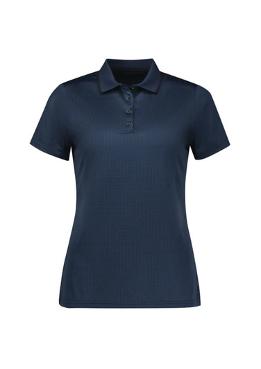 A navy short sleeve polo shirt for women, featuring a collar and button placket, with a subtle texture.