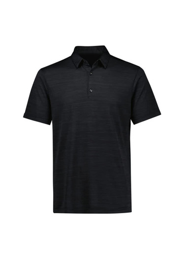 A black short sleeve polo shirt with a textured pattern, featuring a collar and three buttons. It has a logo.