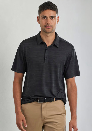 A men's short sleeve polo shirt in black with subtle stripes, featuring a collar and a logo on the chest.