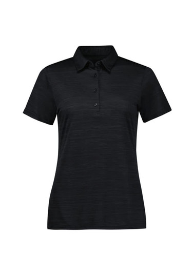 A black women's short sleeve polo shirt with a collar and button placket, featuring a subtle textured design.