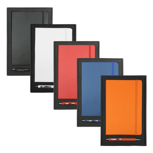 A gift set featuring JB1008 Nova Journals in various colours and 6018 Gorcia Pens, all with black branding.