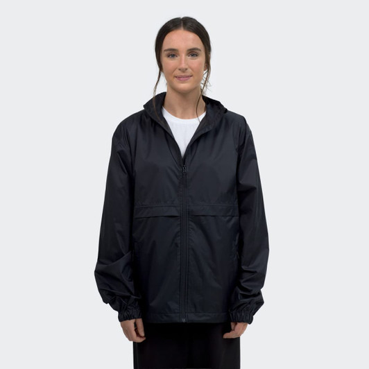 A black unisex windbreaker jacket with a hood, featuring elastic cuffs and a front zip.