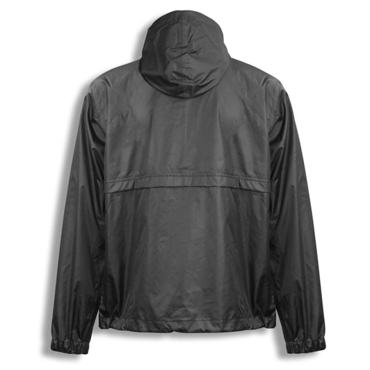 A black windbreaker jacket with a hood, featuring a logo on the back and elastic cuffs.
