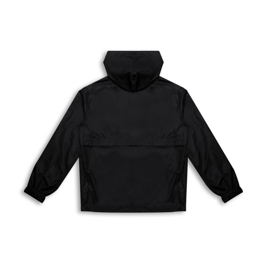 A black windbreaker jacket with a hood and long sleeves, featuring a rear pocket and a logo.