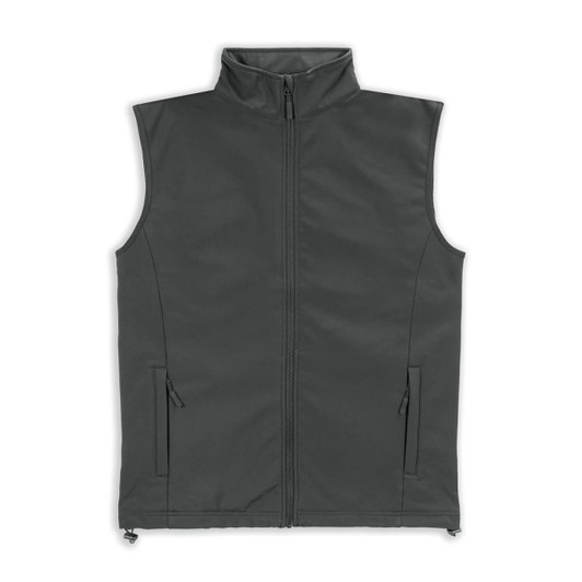 A grey vest with a high collar, featuring a zippered front and two side pockets. Includes a logo.