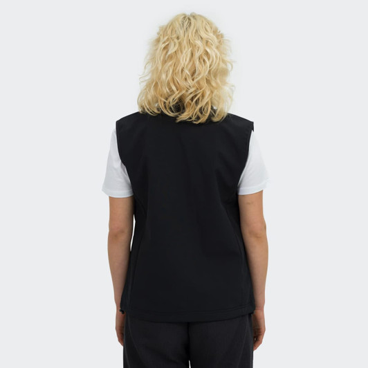 A black women's vest with a simple design, featuring a back view of a person wearing it.