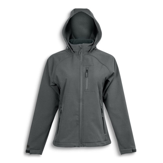 A soft shell jacket in dark green with a hood, featuring zippered pockets and a branded logo.