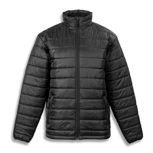 A black unisex puffer jacket with a high collar and zip front, featuring a smooth exterior and puffy quilted design.
