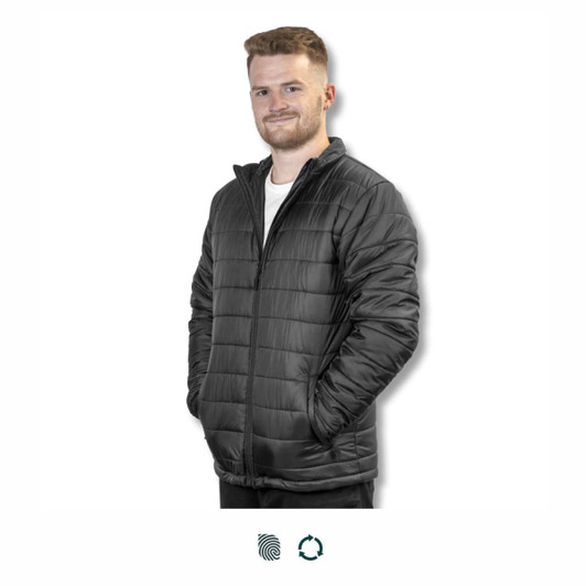 A unisex black puffer jacket with a zip front and side pockets, featuring a logo on the chest.