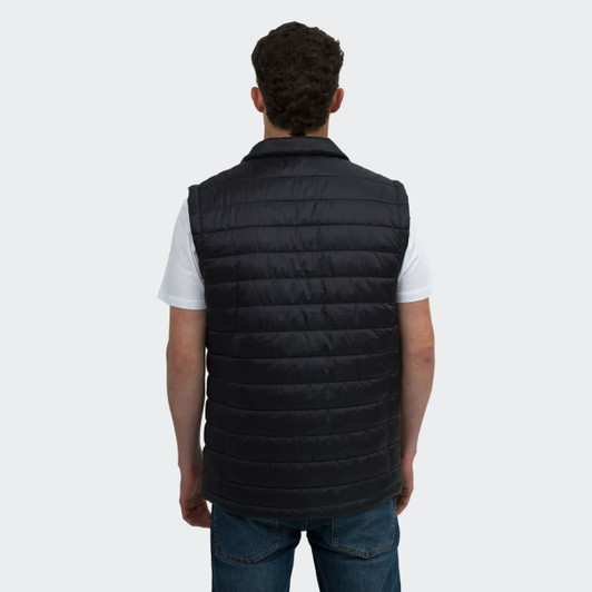 A unisex black puffer vest, featuring a quilted design and a collar, viewed from the back.