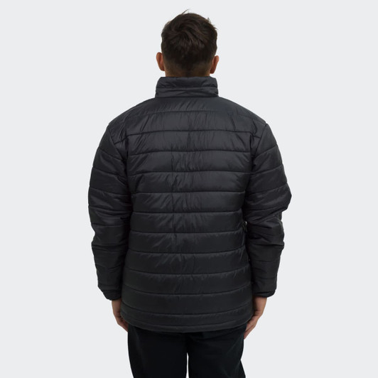 A black puffer jacket with a standing collar, viewed from the back. Features a logo on the sleeve.