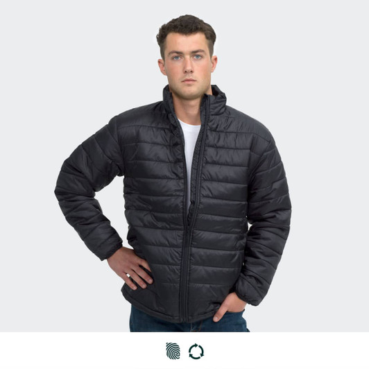 A unisex black puffer jacket featuring a zip-up front and a stand collar, with a logo present.
