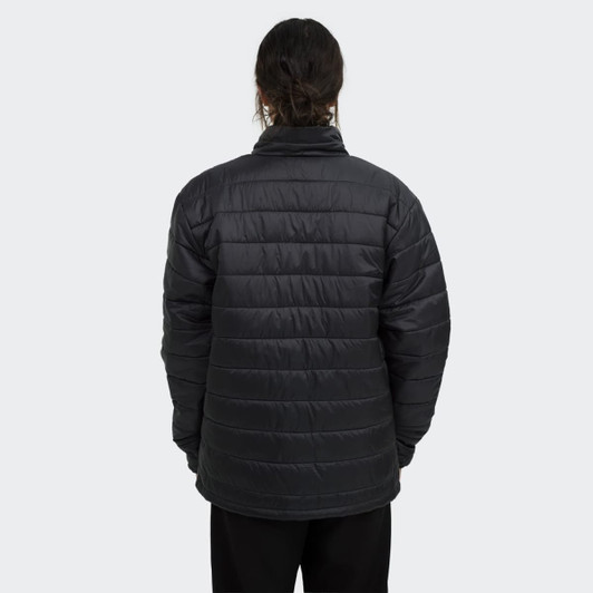 A black women's puffer jacket featuring a quilted design and high collar, with a logo on the back.