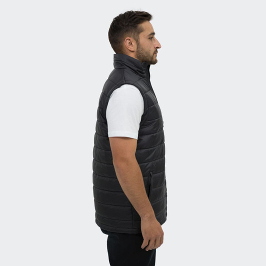 A men's puffer vest in black, featuring a zip closure and a sleek, modern silhouette. It has a logo on the side.