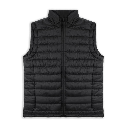 A black puffer vest with a high collar and zip closure, featuring a logo on the front.