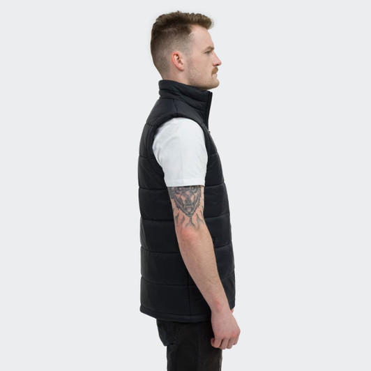 A men's puffer vest in black, featuring a high collar and a quilted design, shown from the side.