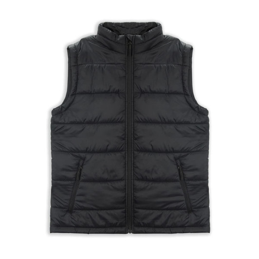 A black women's puffer vest with a front zipper and two side pockets, featuring a logo.