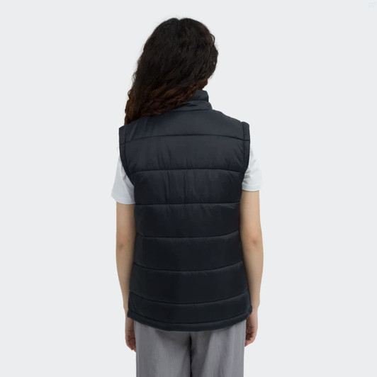 A back view of a women's puffer vest in dark grey, featuring a simple design and a logo.