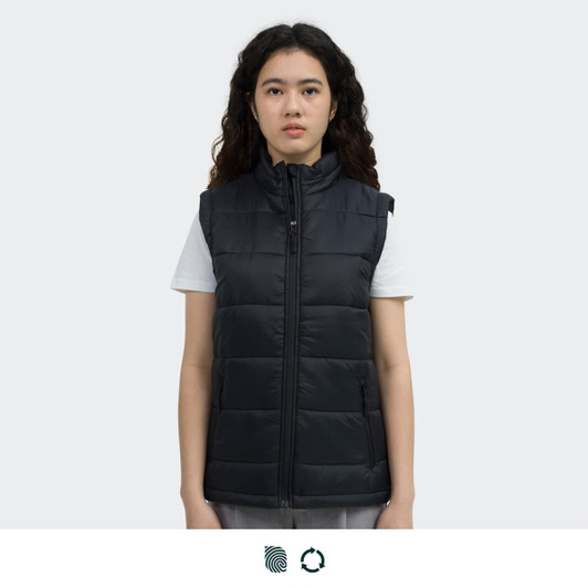 A black women's puffer vest with a zip front and no sleeves, featuring a logo on the upper side.